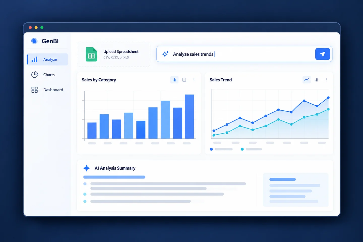 Illustrated GenBI workspace with a spreadsheet upload, analysis prompt, bar chart, and line chart.